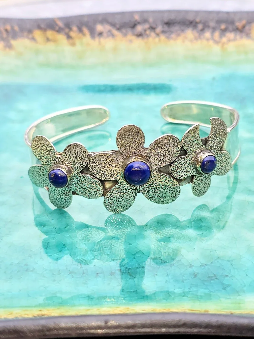 Lapis Lazuli Gemstone Cuff Bracelet In 925 Sterling Silver (Adjustable)